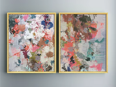 Colorful Abstract Paintings With Golden Frames For Modern Interior Decor On Gray Wall 3d model