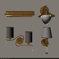 Tech Exhibition Hall Featuring Modern Golden Wall Lamps with Lampshades and Crystal Details