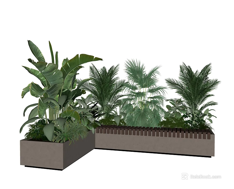 Green Potted Plants With Various Tropical Leaves In Square Concrete Planters 3d model 