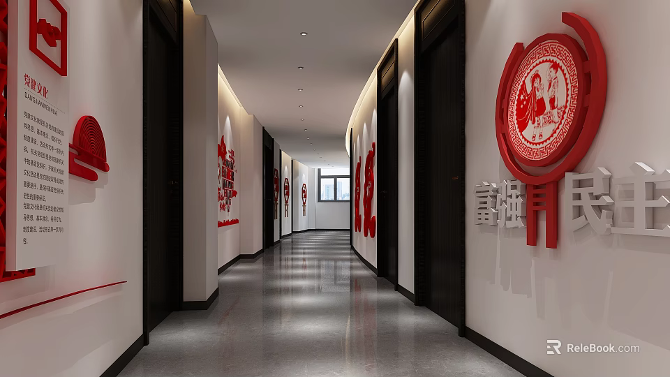 Elevator Hallway Interior Design With Modern Lighting Red Wall Decor And Shiny Flooring 3d model 