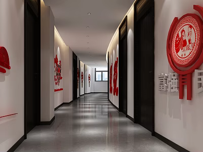 Elevator Hallway Interior Design With Modern Lighting Red Wall Decor And Shiny Flooring 3d model