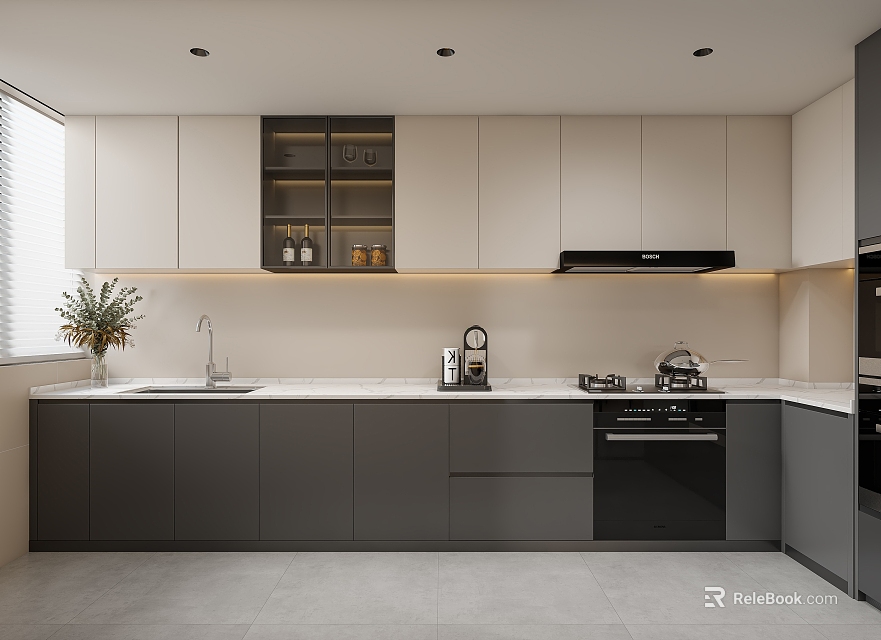 Modern Kitchen Interior With Gray Beige Cabinets White Countertop Display Cabinet And Built in Appliances 3d model 