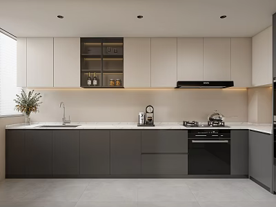 Modern Kitchen Interior With Gray Beige Cabinets White Countertop Display Cabinet And Built in Appliances 3d model