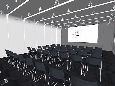 Modern Conference Room Interior With Arranged Chairs Large Screen And Ceiling Lights 3d model