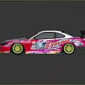 Pink Purple White Racing Car With Yellow Wheels Black Rear Wing And Body Stickers