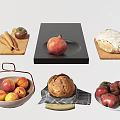 Assorted Fresh Food Display Featuring Pomegranate Apples Carrots Bread Peaches Tomatoes On Wooden Boards