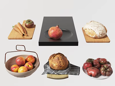 Assorted Fresh Food Display Featuring Pomegranate Apples Carrots Bread Peaches Tomatoes On Wooden Boards 3d model
