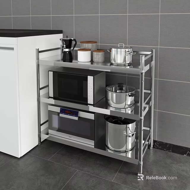 Multi tier Stainless Steel Kitchen Shelf Holding Microwave Oven Pots Coffee Maker And Cans 3d model 