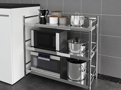 Multi tier Stainless Steel Kitchen Shelf Holding Microwave Oven Pots Coffee Maker And Cans 3d model