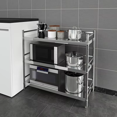 Multi tier Stainless Steel Kitchen Shelf Holding Microwave Oven Pots Coffee Maker And Cans 3d model