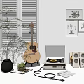 Stylish Home Music Corner With Turntable Speakers Acoustic Guitar Potted Plant And Books