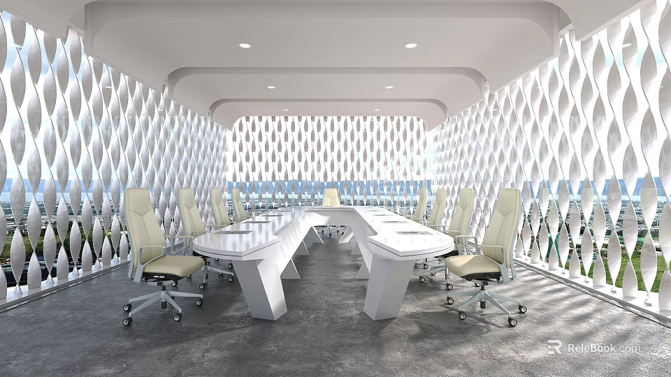 Light Colored Office Chairs With Wheels In Modern Conference Room White Table Geometric Walls 3d model 