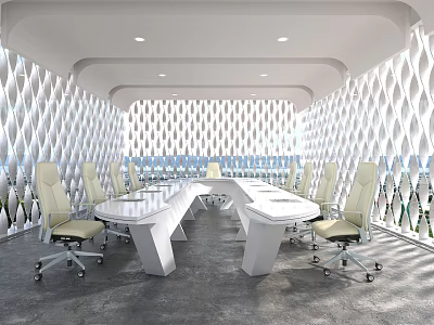 Light Colored Office Chairs With Wheels In Modern Conference Room White Table Geometric Walls 3d model