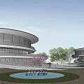 Modern Architectural Complex With Circular Domes Water Features And Green Spaces 3d model