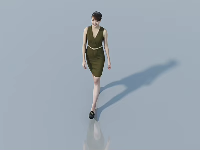 Woman In Green Dress Walking On Reflective Floor With Light Blue Background And Shadow 3d model