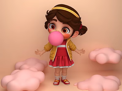Little Girl in Yellow Jacket and Red Dress Blowing Pink Bubblegum with Pink Clouds Around 3d model
