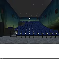 Modern Cinema Interior With Blue Tiered Seats Projection Screen And Ambient Lighting