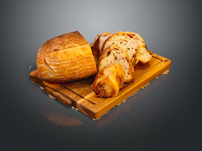 Golden Crust Freshly Baked Loaf And Sliced Bread On Wooden Cutting Board 3d model