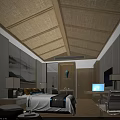 Hotel Guest Room Interior Design With Wooden Rattan Ceiling Decorative Paintings Table Lamps And Bed