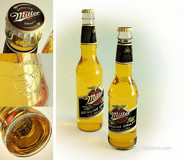 Miller Genuine Draft Beer Bottles And Golden Glasses In Refreshing 3d model 
