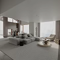 Modern Duplex Living Room Interior With Wooden Ceiling Large Windows Gray Sofa And Fireplace