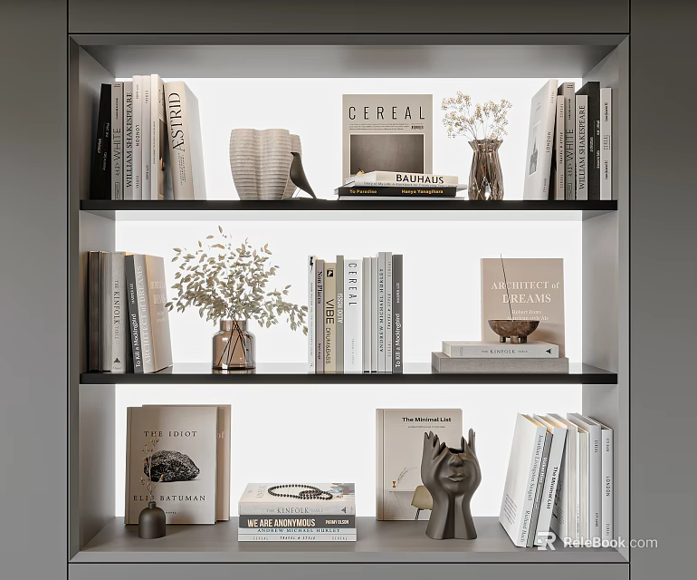 Minimalist Bookshelf Interior With Books Magazines Vases Sculptures And Dried Flowers 3d model 