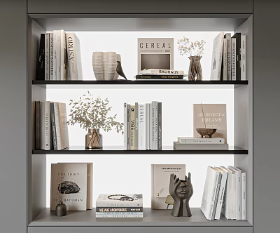 Minimalist Bookshelf Interior With Books Magazines Vases Sculptures And Dried Flowers 3d model