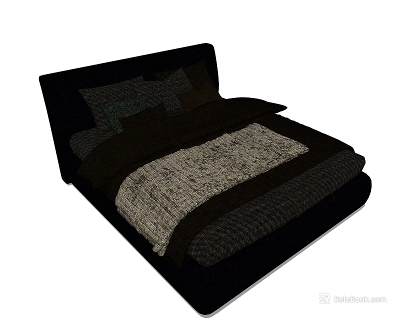 Modern Double Bed with Black Frame Dark Bedding and Light Textured Blanket 3d model