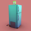 Modern Turquoise Double Door Refrigerator Freezer With Green Box on Top Against Pink Background