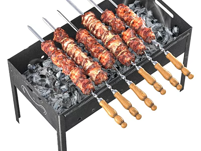 Black Metal Barbecue Grill with Charcoal and Meat Skewers on Wooden Handles 3d model