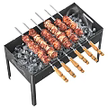Black Metal Barbecue Grill with Charcoal and Meat Skewers on Wooden Handles