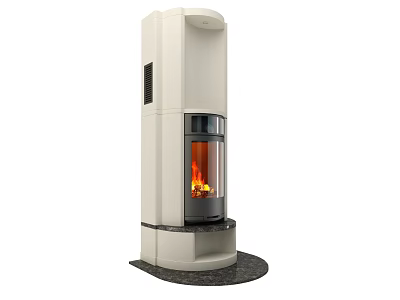 Modern Stylish Freestanding White Fireplace With Glass Door And Burning Flames 3d model