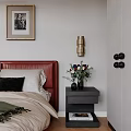 Modern Bedroom Interior With Red Headboard Bed White Wardrobe Gray Curtains And Red White Rug