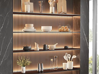 Modern Kitchen Ornamental Decor Set on Lighted Shelves with Vertical Slat Wall and Tableware Plants 3d model