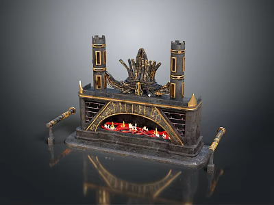 Ornate Throne Inspired Decorative Fireplace With Flames Golden Accents And Side Columns 3d model