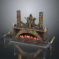 Ornate Throne Inspired Decorative Fireplace With Flames Golden Accents And Side Columns