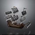 Detailed Wooden Sailing Ship Model With Striped Sails And Decorative Flags