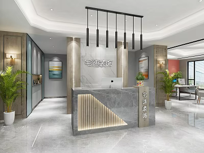 Modern Office Reception Desk Interior With Marble Countertop Pendant Lights And Green Plants 3d model