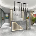 Modern Office Reception Desk Interior With Marble Countertop Pendant Lights And Green Plants