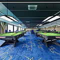 Indoor Sports Fitness Room With Blue Carpet Wooden Wall Blue Chairs And Green Billiard Table
