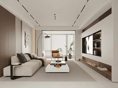 Modern Living Dining Room Interior Design With Sofa Coffee Table Floor Lamp And TV Wall 3d model