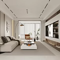 Modern Living Dining Room Interior Design With Sofa Coffee Table Floor Lamp And TV Wall