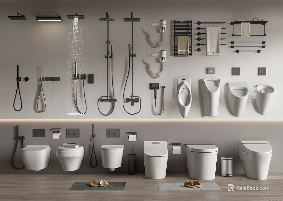 Modern Toilet Display In Bathroom Setting With Various Styles And Sleek Designs 3d model 