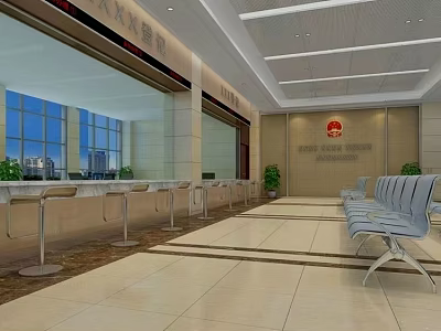 Government Service Hall Interior Featuring Service Counters Waiting Chairs Large Windows And Marble Floor 3d model