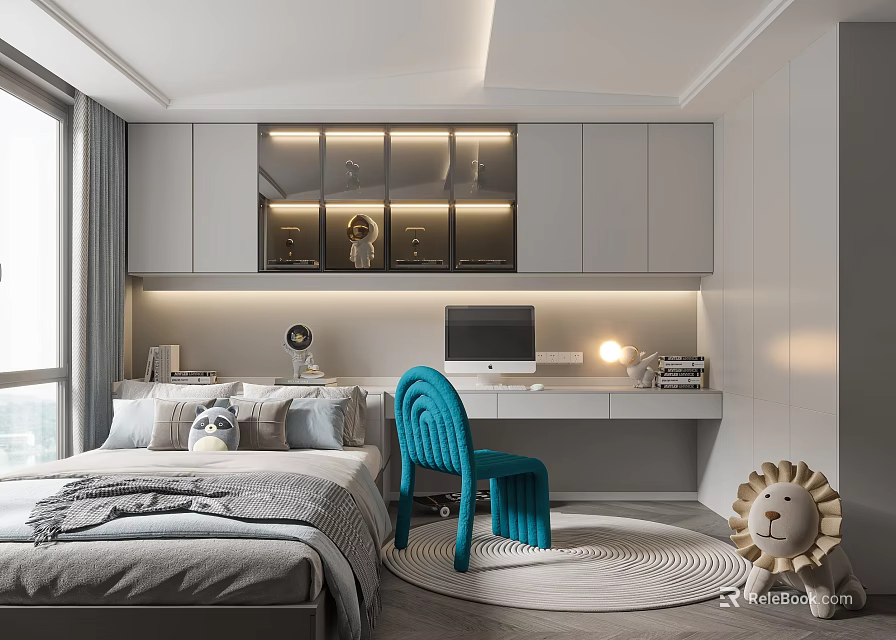Modern Tatami Bedroom Interior Design With Desk Blue Chair And Storage Cabinets 3d model 