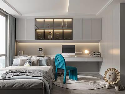 Modern Tatami Bedroom Interior Design With Desk Blue Chair And Storage Cabinets 3d model
