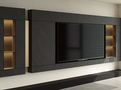 Modern TV Wall Design With Black Marble Panel And Gold Accent Shelves 3d model
