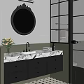 Modern Bathroom Interior With Round Mirror Marble Countertop And Patterned Glass Shower Door
