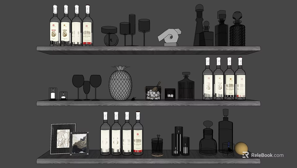 Elegant Tiered Shelves With Wine Bottles Wine Glasses And Decorative Ornaments 3d model 