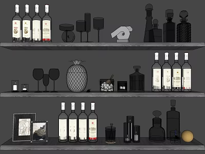 Elegant Tiered Shelves With Wine Bottles Wine Glasses And Decorative Ornaments 3d model